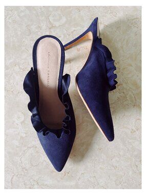 Loeffler Randall Sz 11 Langley Navy Blue Suede Ruffle Mules Stiletto Pointed Toe